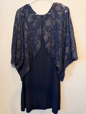 Connected Apparel Cape Sheath Dress Navy Blue Shimmer Floral Cocktail Size 6P